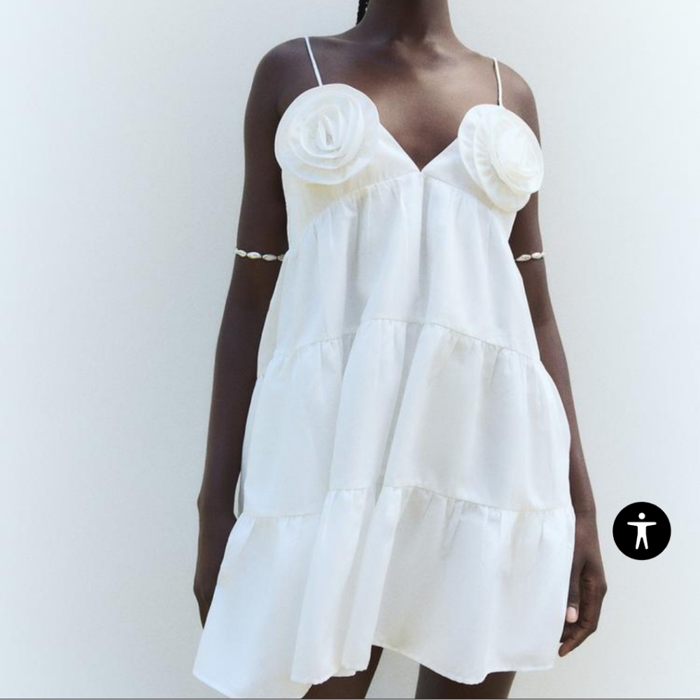 ZARA WHITE POPLIN MINI DRESS WITH TEXTURED FLOWERS